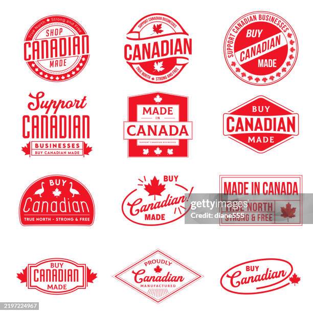 ilustraciones, imágenes clip art, dibujos animados e iconos de stock de insignias de etiqueta made in canada - hoja de arce