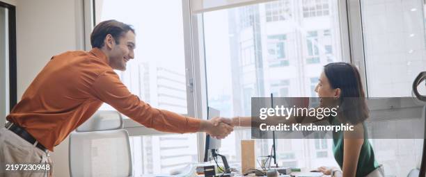 asian gen z business woman, white man handshake together at work corporate office. workplace team building, success deal agreement, job interview recruitment, human resource, businesspeople lifestyle - shaking stock pictures, royalty-free photos & images