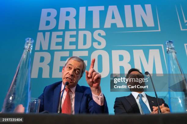 Nigel Farage, leader of Reform UK, speaks during a Reform UK press conference with party Chairman, Zia Yusuf , at The Church House on February 5,...