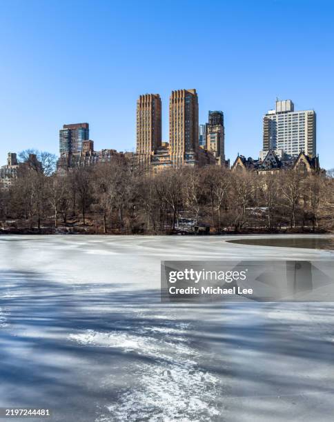 frozen lake and central park west - majestic apartments stock pictures, royalty-free photos & images