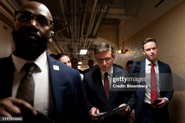 House Speaker Mike Johnson, a Republican from Louisiana, center, on Capitol Hill in Washington, DC, US, on Wednesday, Feb. 5, 2025. A federal...