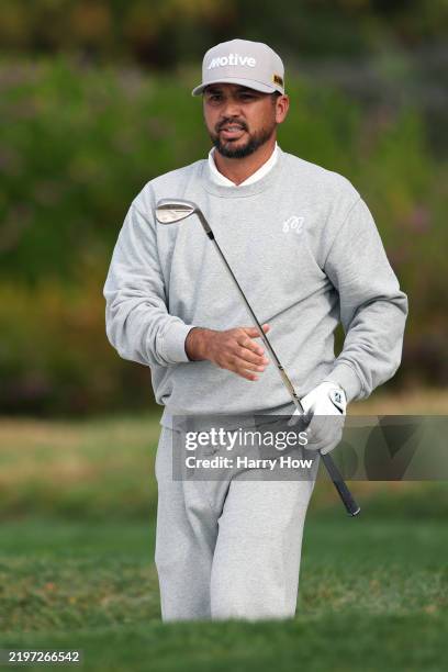 Jason Day of Australia watches his shot from a bunker on the second hole during the final round of the AT&T Pebble Beach Pro-Am 2025 at Pebble Beach...