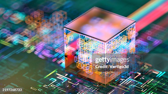 Machine Learning Concepts. Abstract CPU with data cubes. Digital AI - Artificial Intelligence concept. Machine Learning Concepts. Abstract CPU with data cubes. Digital AI - Artificial Intelligence concept.