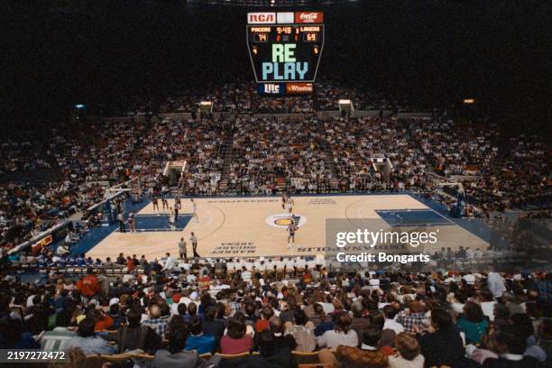 High-angle view of the court during an NBA match between the Indiana Pacers and the Los Angeles Lakers at the Market Square Arena, in Indianapolis,...