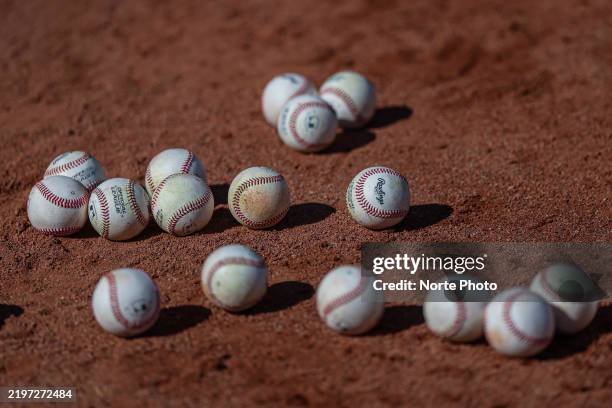Detail view of baseballs on the ground during the practice before the game between Dominican Republic and Japan as part of the Serie Del Caribe 2025...