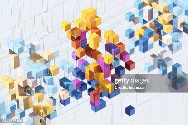data flowing through colorful cubes forming a network, symbolizing artificial intelligence and machine learning - cube shape stock pictures, royalty-free photos & images