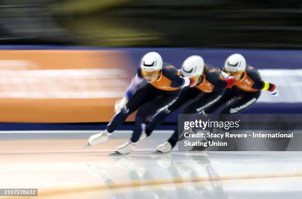 Joy Beune, Antoinette Rijpma-De Jong and Marijke Groenewoud of the Netherlands compete in the Women's team Pursuit event during the ISU World Cup...