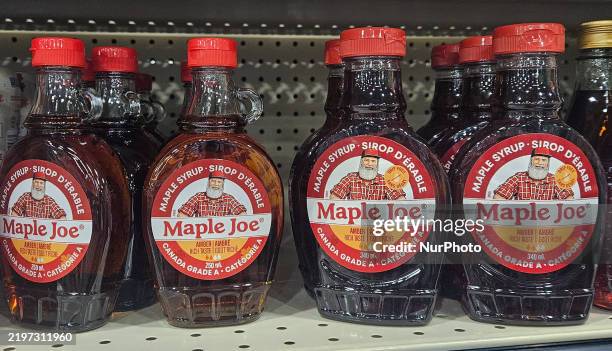 Shelf with maple syrup on display at a retail store, in Edmonton, AB, Canada, on February 04, 2025.