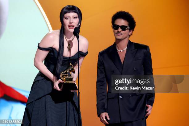 Lady Gaga and Bruno Mars accept the Best Pop Duo/Group Performance Award for "Die with a Smile" onstage during the 67th Annual GRAMMY Awards at...
