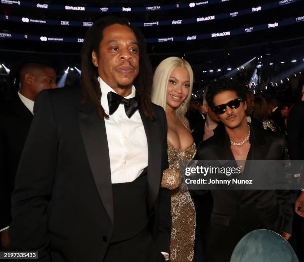 Jay-Z, Beyoncé, and Bruno Mars attend the 67th Annual GRAMMY Awards at Crypto.com Arena on February 02, 2025 in Los Angeles, California.
