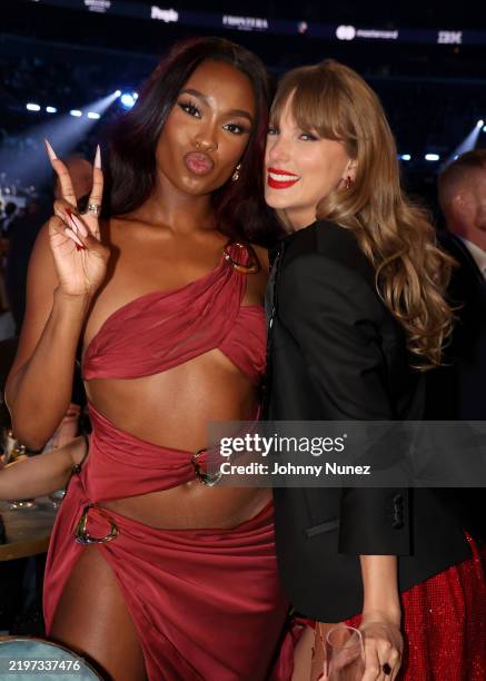 Coco Jones and Taylor Swift attend the 67th Annual GRAMMY Awards at Crypto.com Arena on February 02, 2025 in Los Angeles, California.