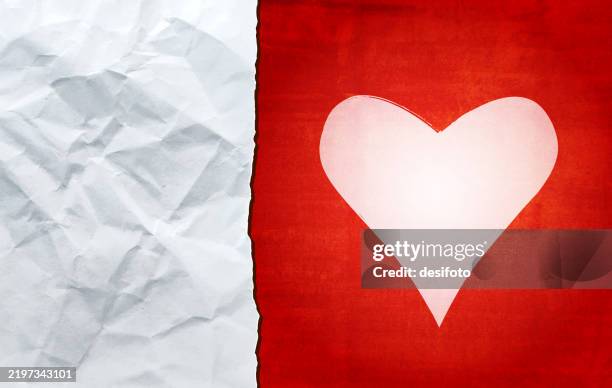 valentine's day, wedding anniversary celebration red maroon coloured textured backdrop with one lonely pastel pink heart painted on vibrant horizontal grunge vector love background or wallpaper with left border of white torn crumpled paper for copy space - wedding border stock illustrations