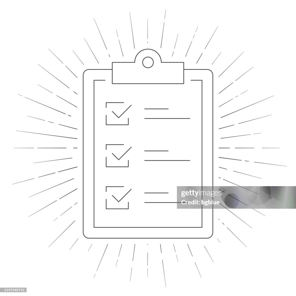 Clipboard with checklist. Line icon with sunbursts on white background