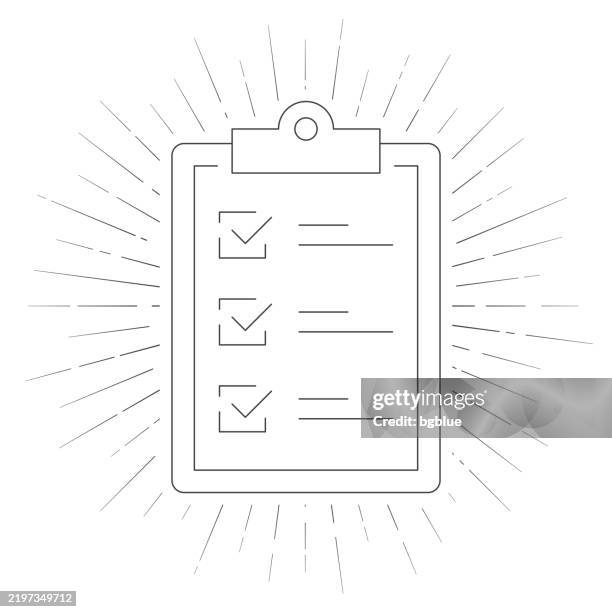clipboard with checklist. line icon with sunbursts on white background - binder clip stock illustrations