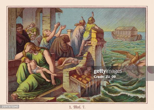the flood (genesis 7, 17-24), chromolithograph, published ca. 1898 - noahs ark stock illustrations