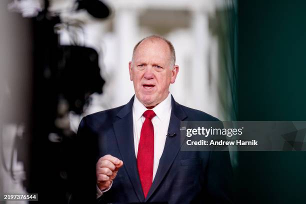 White House Border Czar Tom Homan speaks on FOX News on the North Lawn of the White House on February 6, 2025 in Washington, DC. Homan has been...