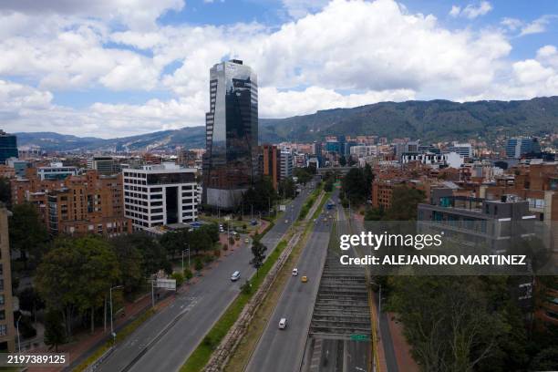 Aerial view of an almost empty main avenue during the car free day in Bogota on February 6, 2025.