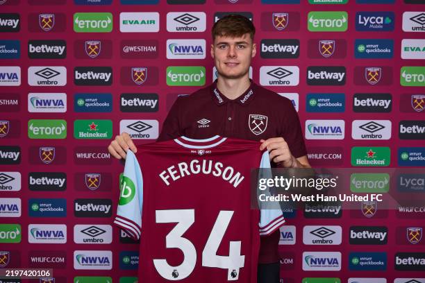 Evan Ferguson of West Ham United poses after signing on loan for the club at London Stadium on February 03, 2025 in London, England.