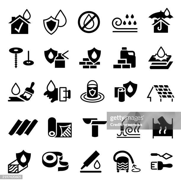 ilustraciones, imágenes clip art, dibujos animados e iconos de stock de productos para techos, impermeabilizantes e impermeabilizantes iconos - asfalto