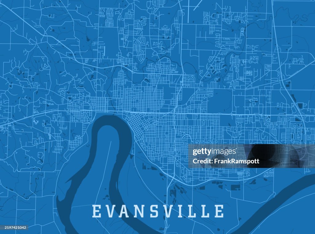 Evansville IN City Vector Road Map Blue Horizontal