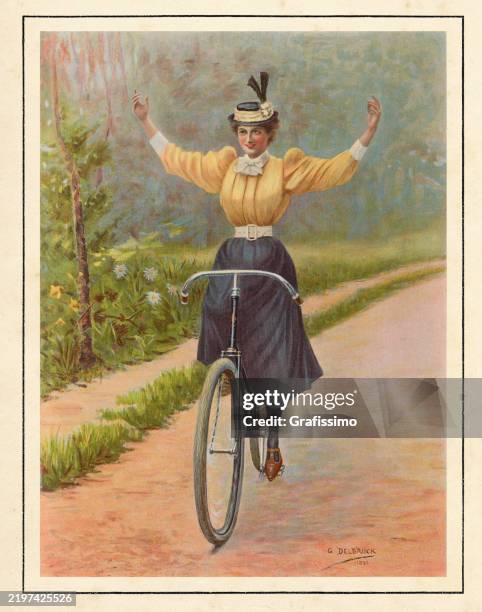 ilustraciones, imágenes clip art, dibujos animados e iconos de stock de mujer con las manos libres bajando una colina en bicicleta en la primavera de 1897 - evento de ciclismo