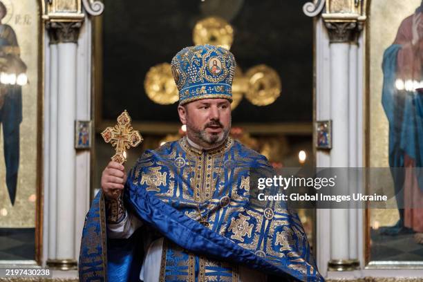 Priest Mykola Biliak conducts liturgy during Orthodox Candlemas at St. George Church on February 2, 2025 in Lviv, Ukraine. Candlemas is one of the...