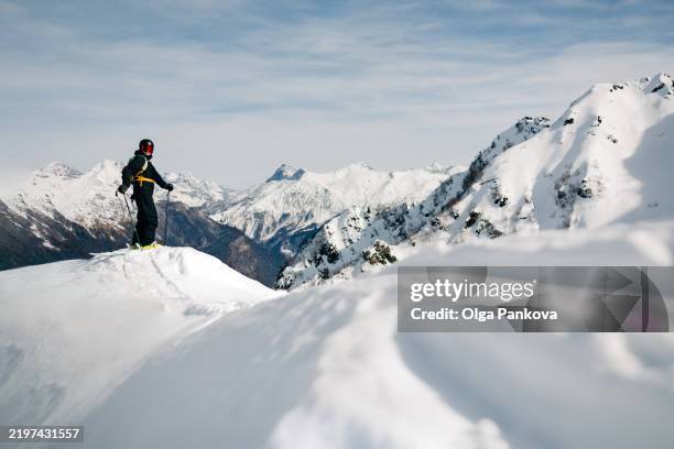 skier standing on snowcapped mountain peak enjoying scenic view - off piste stock pictures, royalty-free photos & images