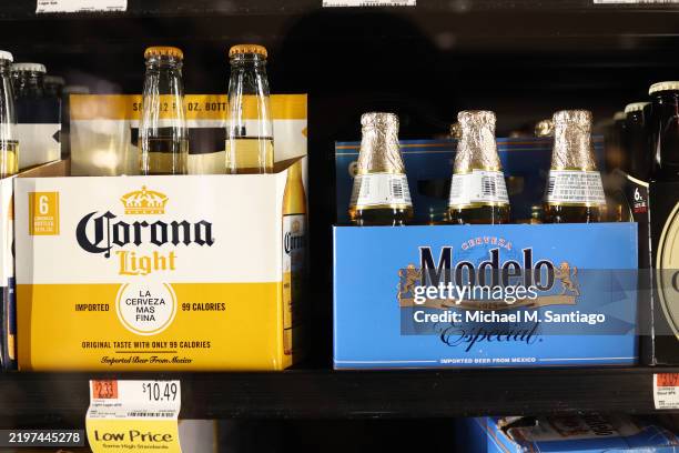 Corona and Modelo beers from Mexico are displayed for sale at a Whole Foods store on February 03, 2025 in New York City. U.S. President Donald Trump...