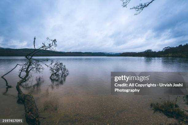 calm waters of a highland loch - castle weather stone stock pictures, royalty-free photos & images