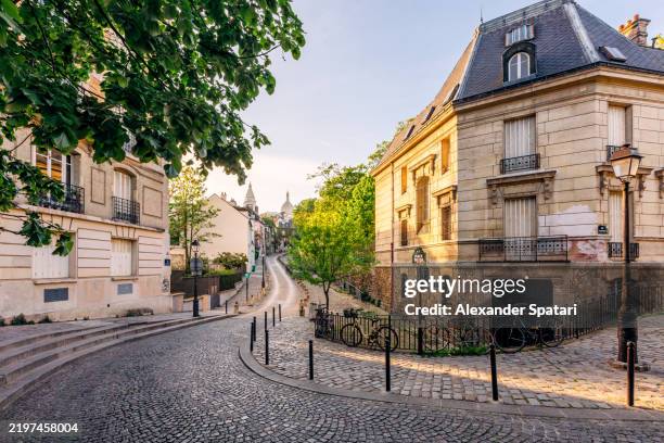 cobblestone street in montmartre in summer, paris, france - montmartre photos et images de collection