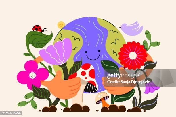 ilustrações de stock, clip art, desenhos animados e ícones de illustrated earth holding flowers surrounded by nature with happy expressions - ecossistema
