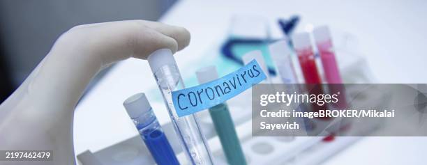 gloved hand holding a coronavirus test tube among colorful liquids - lateral flow test stock pictures, royalty-free photos & images