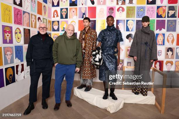 Designers Joerg Ehrlich, Otto Droegsler and models pose at the Odeeh fashion presentation as part of the Berlin Fashion Week Autumn/Winter 2025 at...
