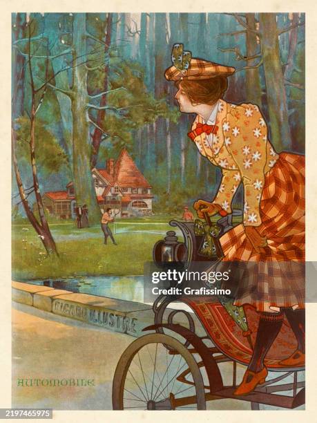 frau, die im country club aus einem oldtimer steigt 1897 - 1897 stock-grafiken, -clipart, -cartoons und -symbole