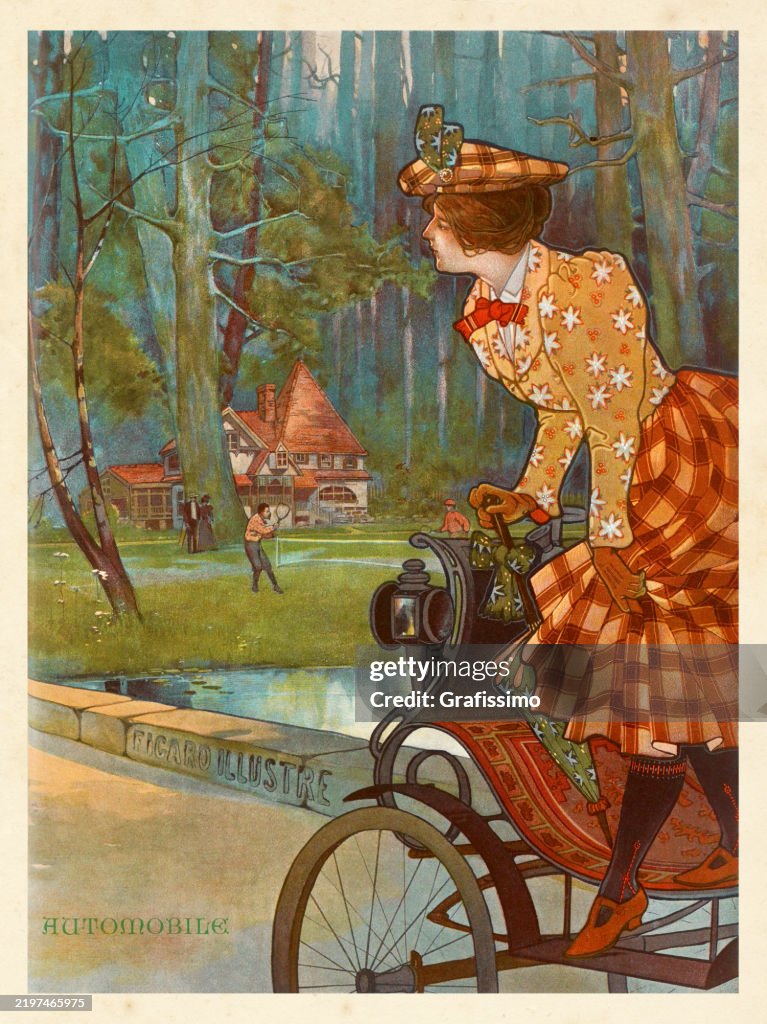 Woman getting out of a vintage car at country club 1897