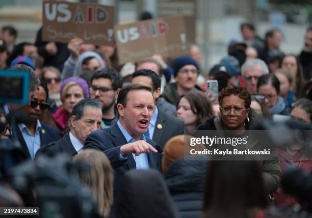 Sen. Chris Murphy speaks at a press conference outside of USAID headquarters on February 03, 2025 in Washington, DC. Elon Musk, tech billionaire and...