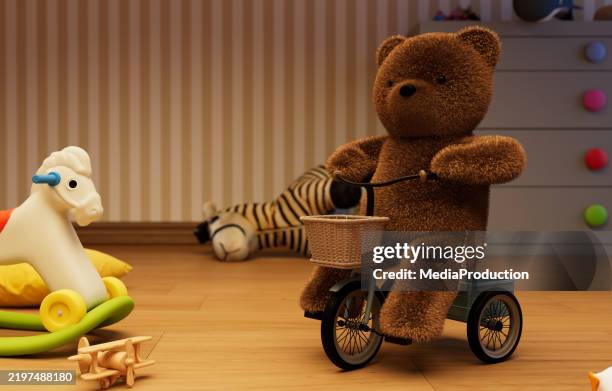 Teddy Bear Riding A Tricycle In A Playroom High-Res Stock Photo