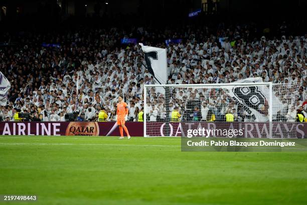 Qatar Airways logo is displayed around the stadium during the UEFA Champions League 2024/25 League Phase MD7 match between Real Madrid C.F. And FC...