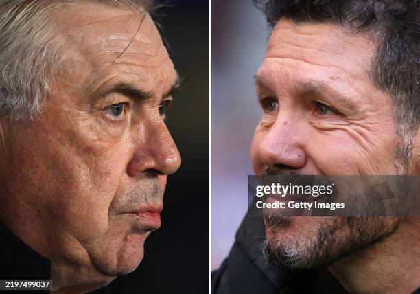 In this composite image a comparison has been made Carlo Ancelotti, Head Coach of Real Madrid and Diego Simeone, Head Coach of Atletico de Madrid....