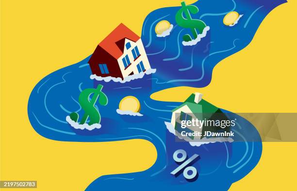 ilustraciones, imágenes clip art, dibujos animados e iconos de stock de costo de la vivienda o precios inmobiliarios concepto abstracto de río con casas y dinero que se hunde en el agua - problemas de vivienda