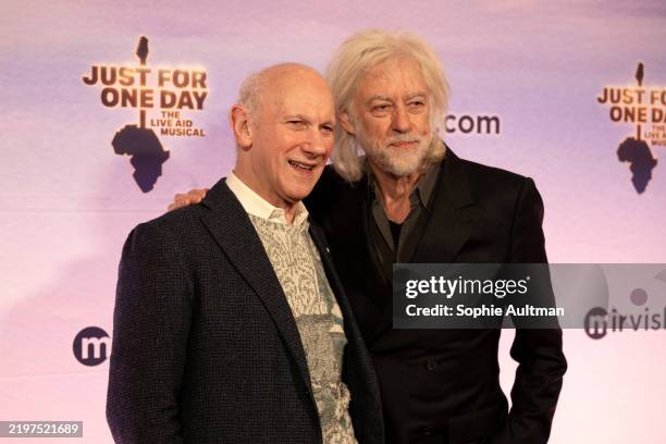 David Mirvish and Bob Geldof attend the premiere of "Just For One Day - The Live Aid Musical” at Ed Mirvish Theatre on February 02, 2025 in Toronto,...