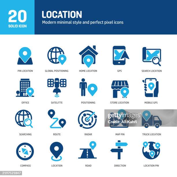 location glyph solid icons. containing pin map, navigation, gps, route solid icons collection. vector illustration. perfect pixel on clean white background - available on the app store stock illustrations