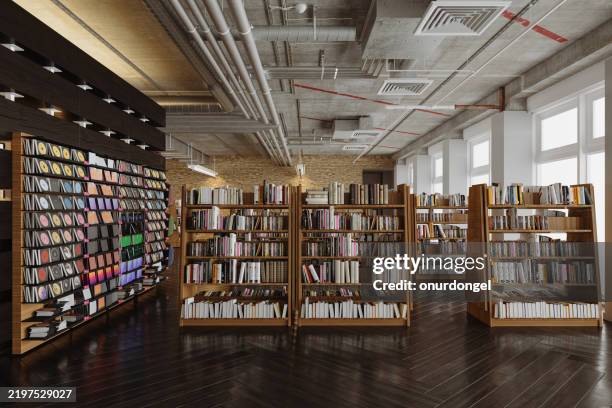 interior of a bookstore with wooden bookshelves and parquet floor - book shop stock pictures, royalty-free photos & images