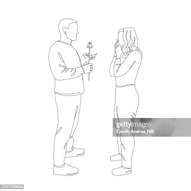 ilustraciones, imágenes clip art, dibujos animados e iconos de stock de hombre joven da una rosa a la mujer joven estilo de dibujo de una línea ilustración vectorial - angiosperma