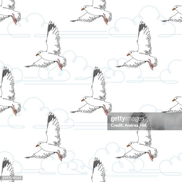seagull flying continuous line drawing style with single line drawing clouds seamless pattern - seagull stock illustrations