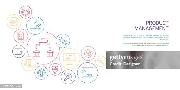 product management related vector illustration. merchandise, quality, improvement, organization, agile development, expertise - performance management system stock illustrations