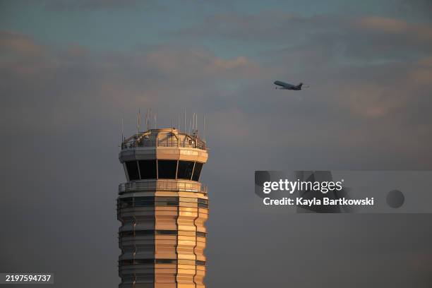 The air traffic control tower after the American Airlines crash at the Reagan National Airport on February 03, 2025 in Arlington, Virginia. An...