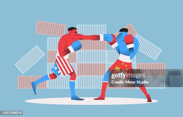 two boxers in trunks in colours of usa and china flags illustration - tariff tax stock illustrations