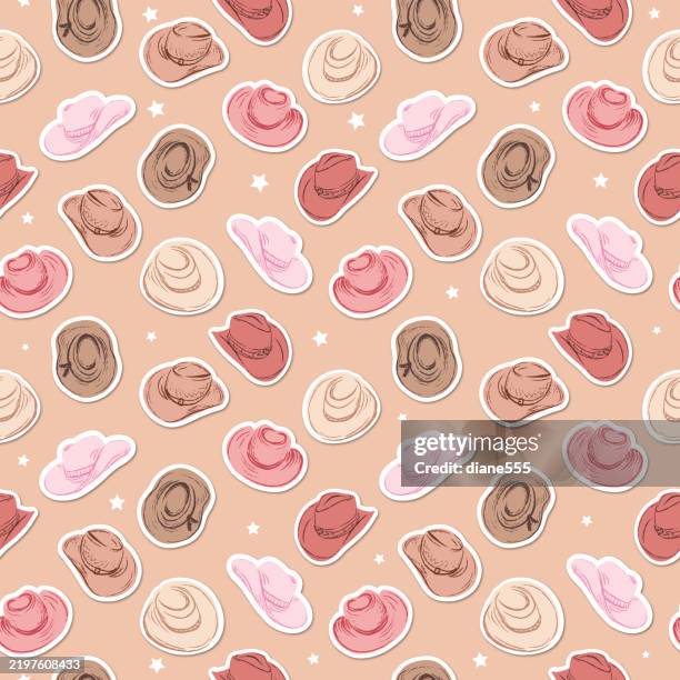 seamless backgorund pattern of cowboy hats in pinks & pastels - rodeo background stock illustrations