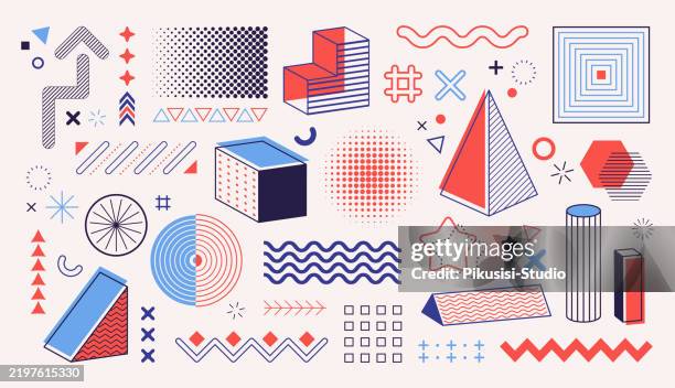 satz von geometrischen designelementen. mit verschiedenen formen, mustern und 3d-elementen. - kunstdruck stock-grafiken, -clipart, -cartoons und -symbole